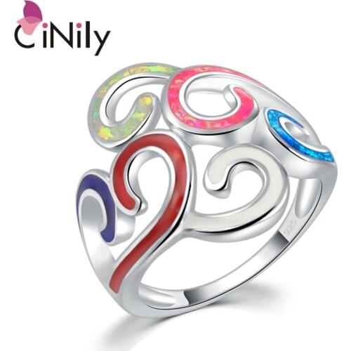 CiNily Fire Opal Enamel Rings Silver Plated Multi-Color Large Finger Ring Rose Red Deep Blue White Rainbow Party Female Jewelry