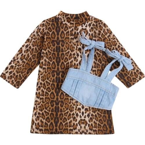 1-6Y Fashion Toddler Girls Leopard Dress 2pcs Long Sleeve Straight Knee Length Dress+Bow Tie Strap Denim Camisole