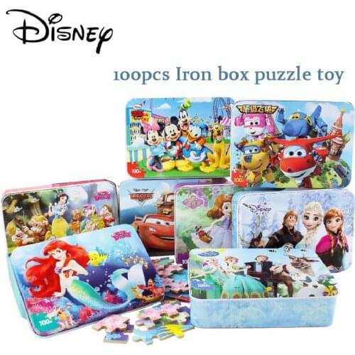 100pcs Disney Frozen Princess Wooden Cartoon Jigsaw Puzzle Toy Iron Box Child Early Educational Montessori Toys Gift For Kids