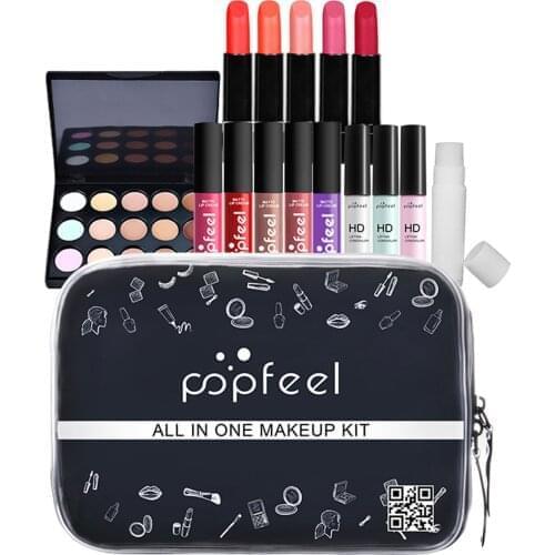 15pcs ALL IN ONE Professional Makeup Kit Lip Balm Lipstick Lip Gloss Contour Concealer Set With Makeup Cosmetics Toiletry Bag