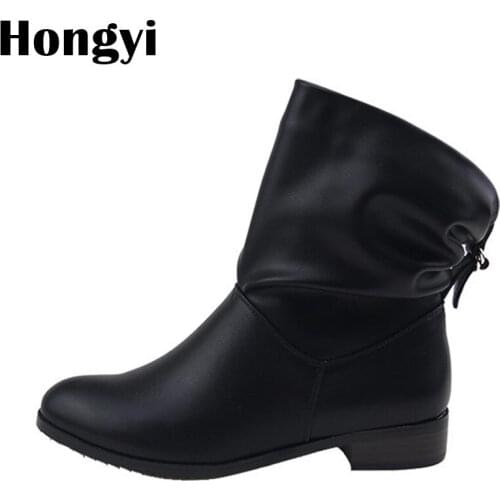 Hongyi 2018 Platform Outdoor Boots Ladies Rubber Sole Ankle Boots Low Heels Women Boots Slip On Flats Shoes Woman Plus Size