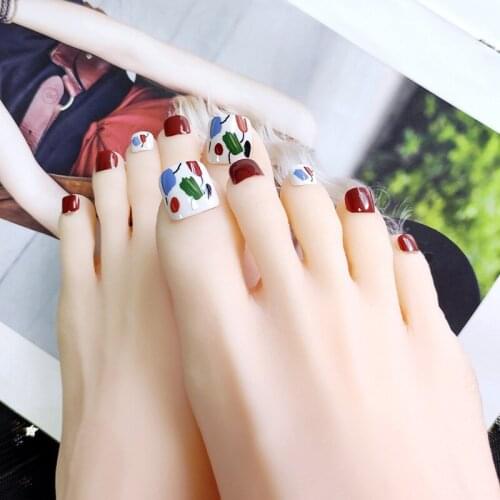 24pcs Burgundy Fake Toenails Patch Glue Type Removable Short Paragraph Fashion Manicure False Toenail Patch NE