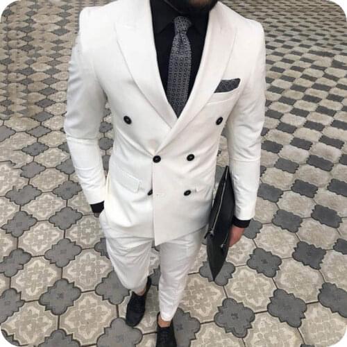 White Men Wedding Suits Elegant Slim Fit Groom Tuxedo Costme Homme Blazer Jacket Pants Peaked Lapel Double Breasted 2Piece Terno