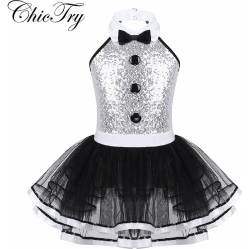 Sequins Kids Girls Sleeveless Decorative Buttons Ballet Dance Gymnastics Leotard Mesh Tutu Dress Modern Dance Costume Dancewear