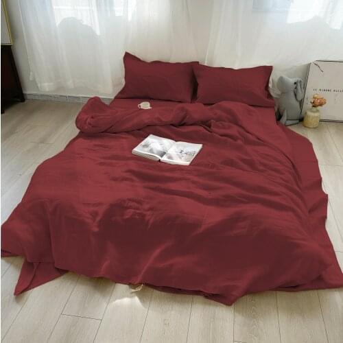 Set of 4 Pre stone washed 100% Natural Linen burgundy bedding set duvet cover + 2 pillow cases + 1fitted sheet