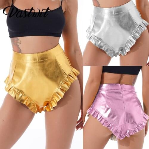 Faux leather Mini Shorts Women Sexy Metallic Shiny Ruffle Short Y2K High Waist Streetwear