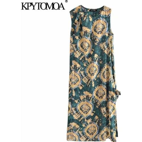 KPYTOMOA Women 2021 Chic Fashion With Knotted Tie-Dye Print Midi Dress Vintage Sleeveless Side Slit Female Dresses Mujer