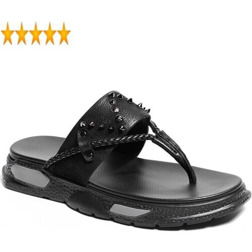 Outside Summer Flip Flops Men Platform 100% Genuine Leather Black Slippers Fashion Rivet Flat Shoes Mens Casual Beach Slipper