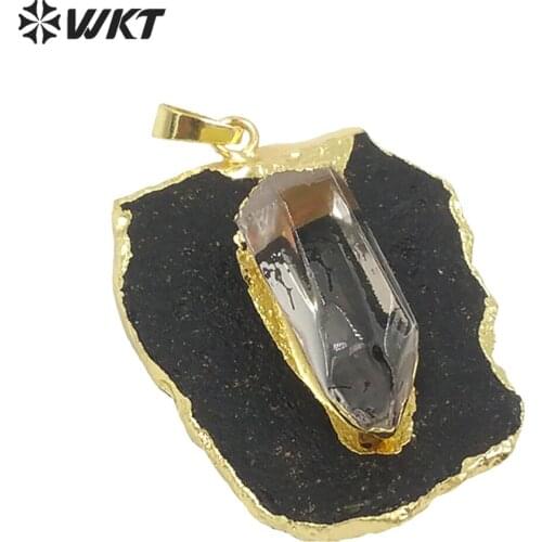 WT-P1284 Wholesale Fashion Black Tourmaline Pendant With Crystal Plating Gold Random Shape Pendant For Jewelry DIY Making