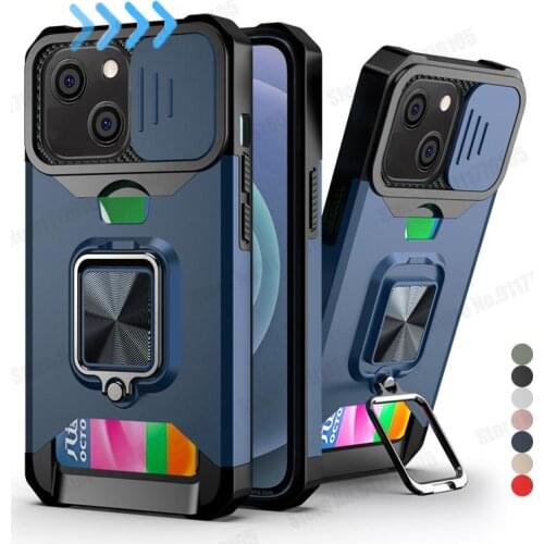 Slide Armor Shockproof Card Slot Case For iPhone 13 Mini 11 12 Pro Max X XR XS Max 6 7 8 Plus SE 2020 Magnetic Metal Stand Cover