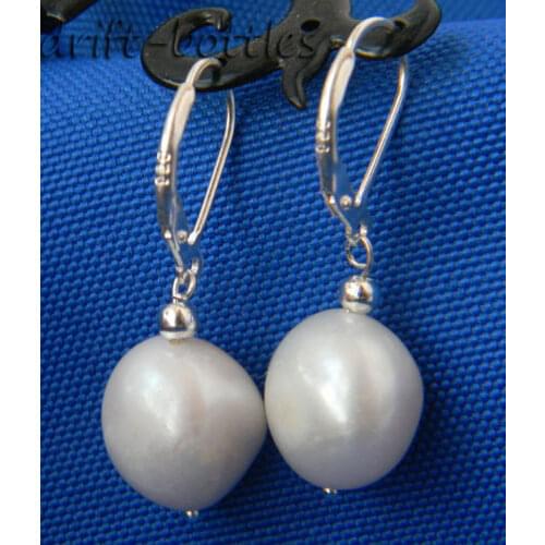 10-12mm White Baroque Freshwater Pearl Dangle 925 Silver Earring