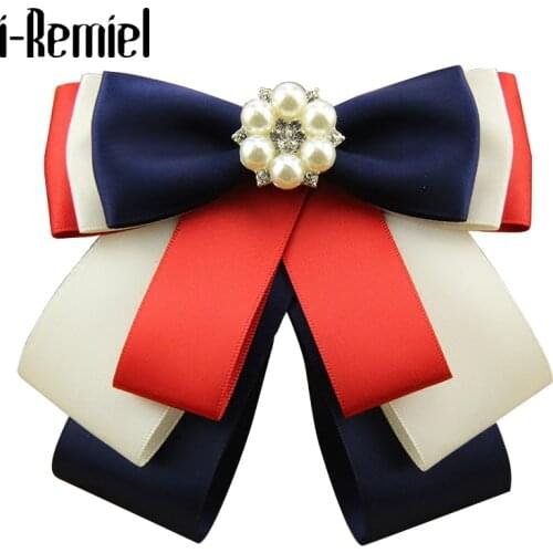 I-Remiel Ribbon Bow Tie Brooch Shirt Women College Rhinestone Metal Pins Brooches Fashion Corsage Vintage Broche Cravat Blouse