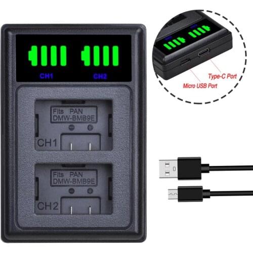 DMW-BMB9 Battery Charger with USB and Type-C Port for Panasonic DMW BMB9 BMB9E Battery, Lumix DMC FZ40K FZ45K FZ47K FZ48K FZ60