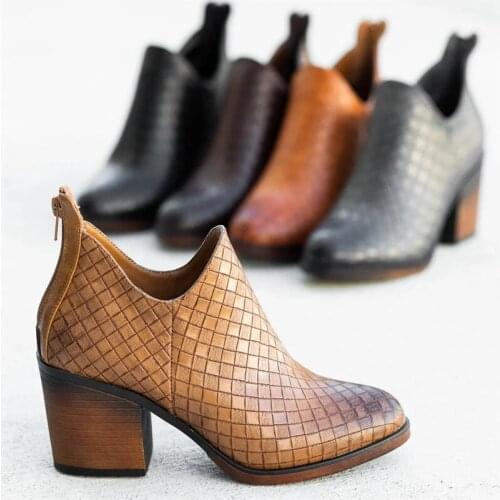 Women Boots Fashion Autumn Winter PU Female Side Zipper Boots Vintage Weaving Boots 2020 New Autumn Ankle Feminina