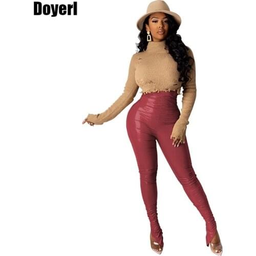 Faux Leather Pants Women High Waist Black PU Leather Stacked Pants Fall Korean Style Streetwear Split Bottom Ruched Pencil Pants