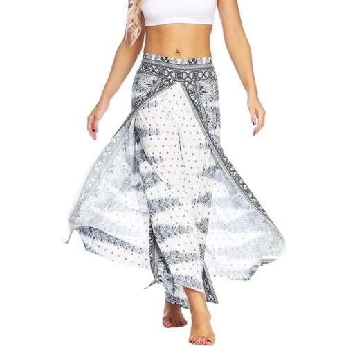 Womens Slit Wide Leg Pants-Casual Hippie Bohemian Pilate Beach Boho Baggy Yoga Pants