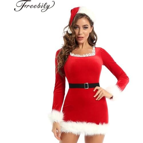 Women Santa Cosplay Costume Christmas Dress Outfits Flannel Lace Square Neck Long Sleeves Faux Fur Trim Dress With Hat And Belt