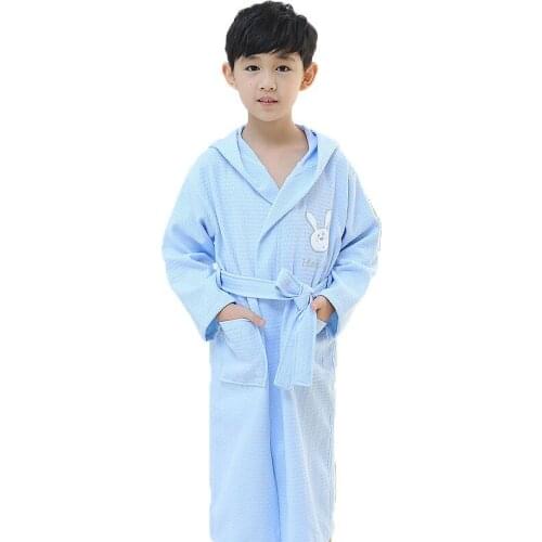 Kids Bath Robes Girl Summer Cotton Bathrobe Waffle Hooded Children Boys Dressing Gown Kids Roupao After Spa Bath Swimming B140