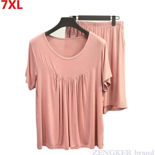 Womens casual big size short-sleeved elastic cotton home suit Pajama Sets plus size pajamas sleepwear for women 7XL 6XL