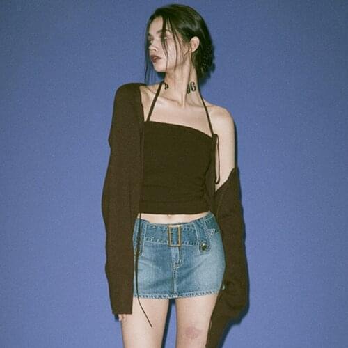 Cardigan Tube Top 2021 Autumn New Women Casual Brown Knitted Long Sleeve Shawl+ slim Suspender Shirt Two Piece Set