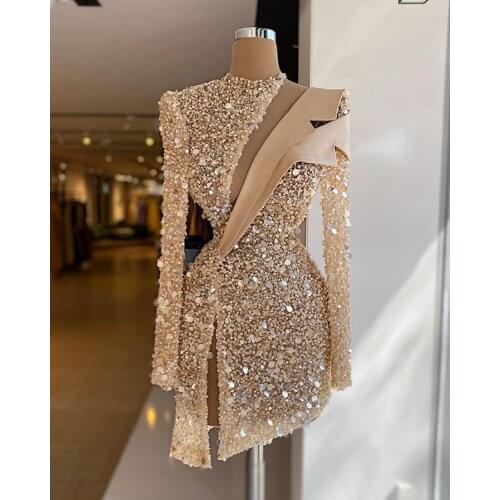 Long Sleeve Luxury Beaded Sequined African Women Champagne Cocktail Dresses 2021
