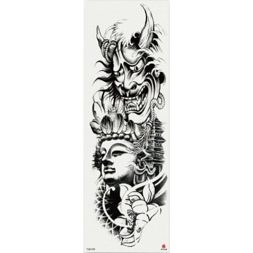 1 Piece Buddha and devil style Temporary Tattoo Sticker with Arm Body Art Big Sleeve Large Fake Tattoo Sticker