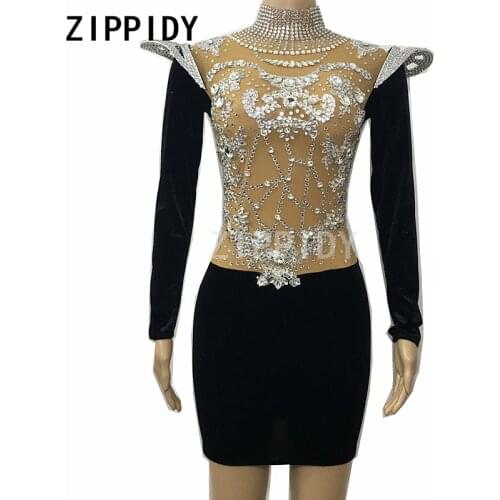 Sparkly Silver Rhinestones Dress Black velvet Big Stones Female Singer Outfit Nightclub Birthday Party Stage Show Sexy Dresses