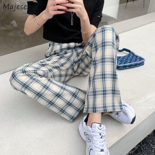 Pants Women Preppy Style Streetwear Female Fashion Clothing Straight Pockets Loose Plaid Casual All-match Ulzzang Unisex Simple