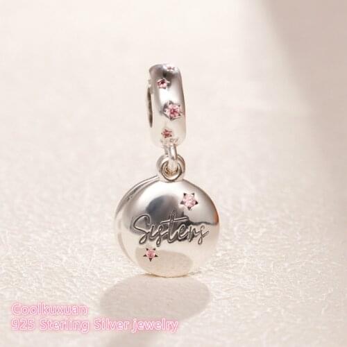Mothers Day 100% 925 Sterling Silver Forever Sisters Dangle Charm Pink CZ beads Fits Original Pandora bracelets Jewelry