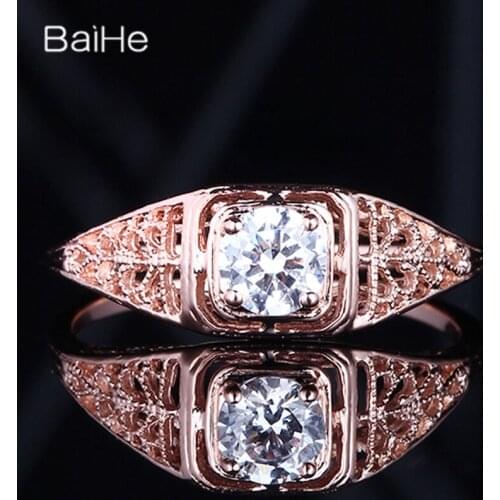 BAIHE Solid 14K Rose Gold 0.8CT Genuine AAA Graded Cubic Zirconia Flawle circular Engagemet Women Trendy Cubic Zirconia Ring