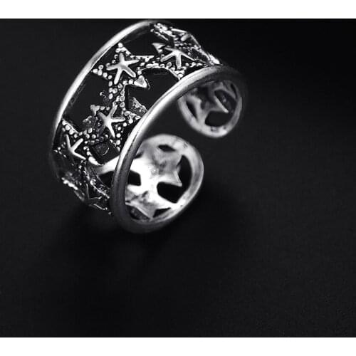 Trendy Vintage Star Shape Antique Silver Plated Punk Hiphop Rock Style Resizable Wide Ring for Women Girl Retro Party Jewelry