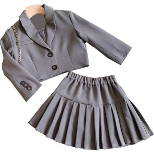 Kids Girls Suit Skirts Clothong Sets Grey Suit Jacket + Pleated Skirts 2Pces Clothes Sets Children Spring Autumn Casual Outwear