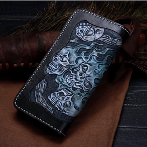 Handmade Rock Punk Retro Wallets Carving Skull Purses Men Long Clutch Vegetable Tanned Leather Wallet Card Holder