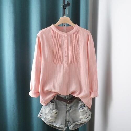 Lamtrip Pleated O-Neck Long Sleeve Cotton Yarn Vintgae Brief Shirt Blouse Mori Girl Autumn