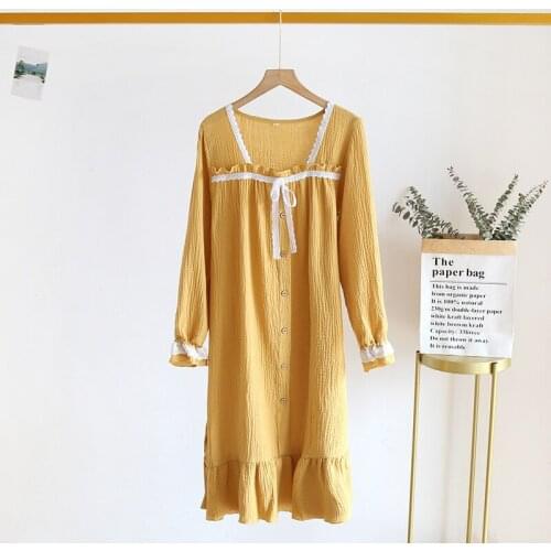 Summer Cotton Princess Nightdress Lace Crepe Long Sleeve Skirt Simple Sweet Loose Sexy Sleepwear Women Sleepwear Solid Nightgown