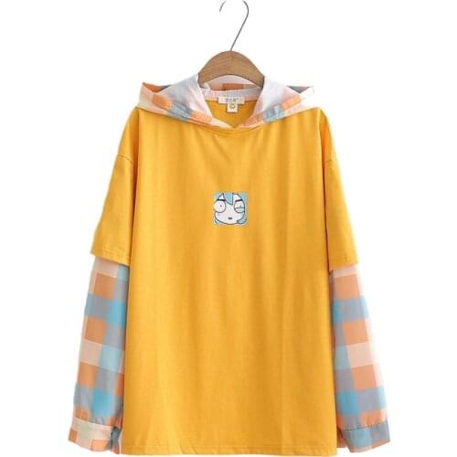 Women Harajuku Cute Hoodies Sweatshirts Japan Cartoon Print Preppy Style Stitching Patchwork Hooded Long-Sleeve Hoodies