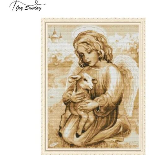 Joy Sunday Angel and Lamb Cross Stitch Patterns Counted Embroidery Kit DMC DIY Aida Fabric Printed on Canvas Hand Needlework Set