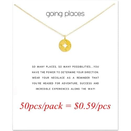 Wholesale 50pcs/pack Going Places Compass Gold Sliver Filled Alloy Charm Chains Pendant Necklaces For Women Reminder Cardboard
