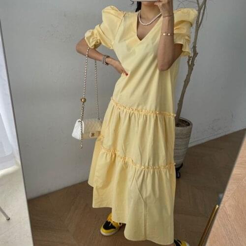 Fashion Summer Dress Women Solid Cotton Bubble Sleeve V-Neck Party Dress for Women Elegant Loose Waist Dresses Vestido 14003