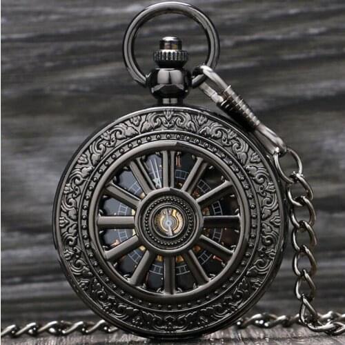 10pcs/lot Vintage Steampunk Black Hollowed Wheel Skeleton Mechanical Pocket Watches Arabic Numerals Dial Gift Colection