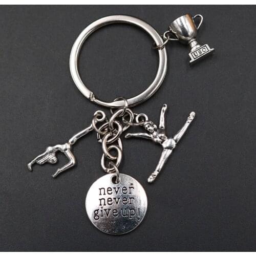 WKOUD 1pc Never Give up Glamour Gymnastics Girl & Trophy DIY Creative Metal Inspirational Keychain A1847