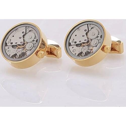 Hot Sale Men Immovable Watch Cufflinks Round Stainless Steel Steampunk Gear Watch Movement Cuff links With Glass Suits Wedding