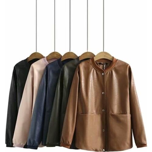 Plus Size Women‘s Coat In Spring And Autumn Wear Stand-Up Collar Long Sleeve Leather Fabric Loose Large Size Jacket Coat Fatlady