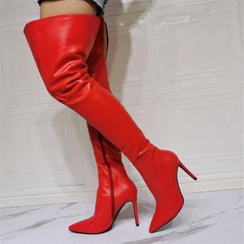 Custom Made Hot Red Big Size 47 Womens Over Knee High Boots Stiletto Ladys Sexy Thigh High Long Boots Half-Slide Zipper