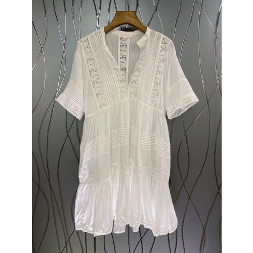 2021 Summer Fashion White Dress High Quality Women V-Neck Hollow Out Lace Patchwork Short Sleeve Casual Boho Dress Clothing