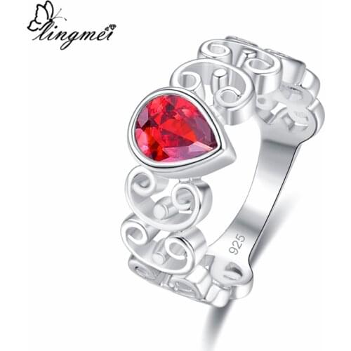 Lingmei Wholesale New Comes Pear Cut Red & Olive Green & White Zircon Silver Color Ring Size 6-9 For Women Fashion Jewelry
