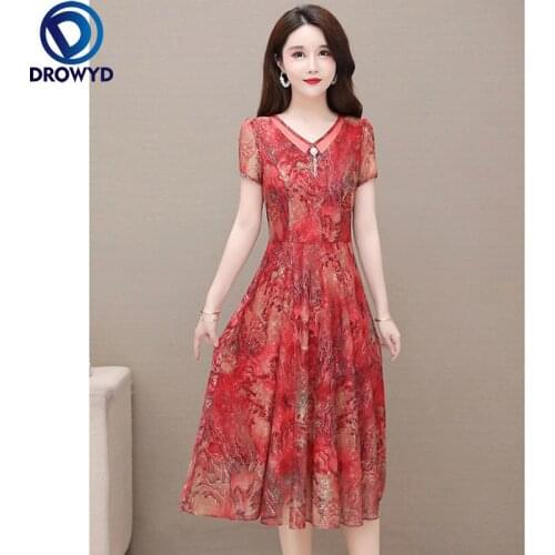 Women Boho Beach Midi Dress Summer 2021 Office Lady Print Chiffon Zipper V-neck Red Print Dresses Bodycon Party Vestidos Robe