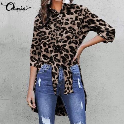 2021 Fashion Turn Down Collar Long Shirts Celmia Women Sexy Leopard Print Long Sleeve Blusas Elegant Casual Workplace Tops 5XL