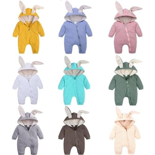 2021 Cartoon Cute Girl Rompers Winter Long Rabbit Ear Baby Clothes Newborn Boys Jumpsuit Warm Outfit Casual Hoodies Costume