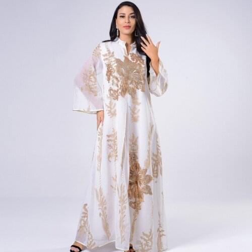 Abaya Dubai Robe Turkey Muslim White Hijab Dresses for Women Islamic Clothing Embroidery Sequins Mesh Gown Djellaba Kaftan